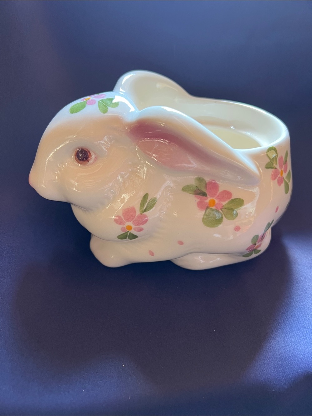 Avon Vintage 70's Handcrafted Ceramic Bunny Planter with Pink Floral Details